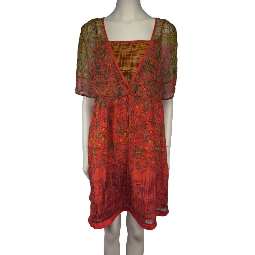 MARC JACOBS Silk Floral Designer Vibrant Red Yellow Summer Short sleeves Dress M